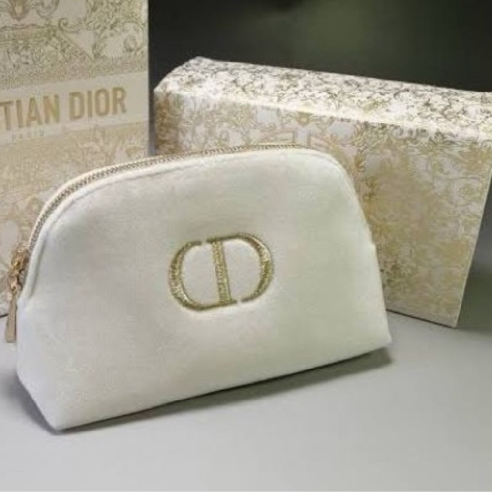 NEW 🔥Christian Dior Trousse Ecru White Cosmetic Makeup Pouch with Gold